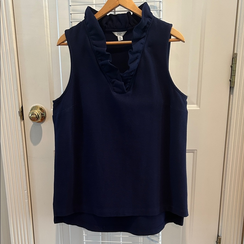 crown & ivy Navy Ruffle V-Neck Sleeveless Top high-low hem